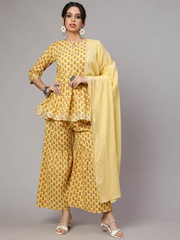 SAK JAIPUR - Women Yellow Cotton Printed Kurti with Sharara and Dupatta (Set of 3)