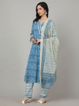 SAK JAIPUR - Women Blue Floral Printed Flared Kurta with Pant and Dupatta