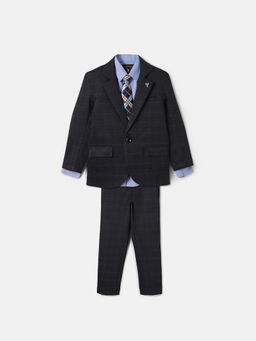 Blue Giraffe - Navy Blue Checks Shirt, Tie with Blazer and Pant (Set of 4)