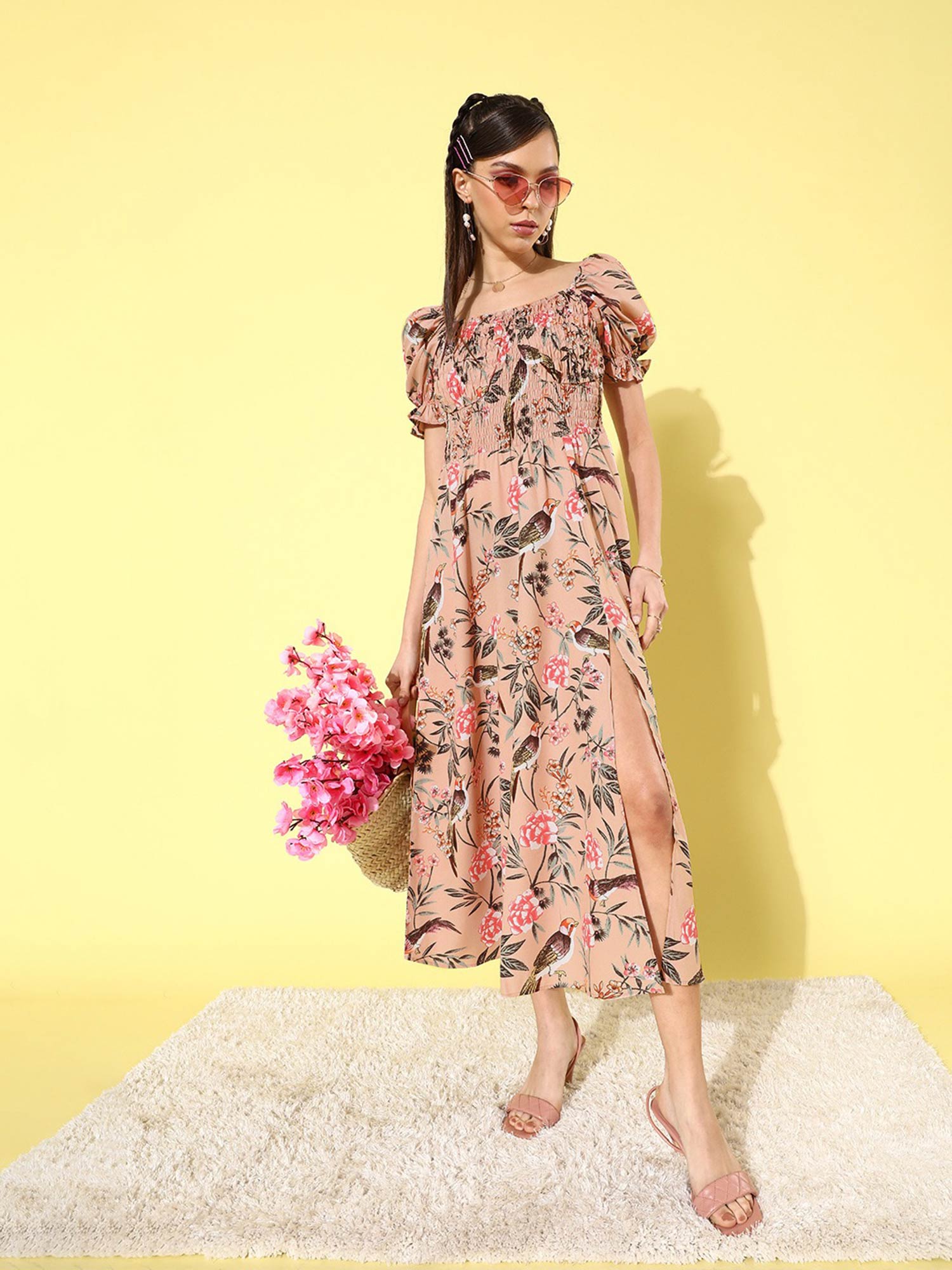 Buy Style Quotient Peach-coloured Green Floral Print Crepe A-line
