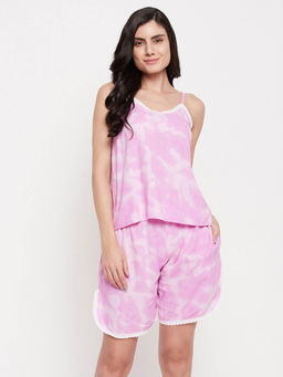 Clovia - Rayon Tie-dye Cami Top & Shorts Set-pink,white