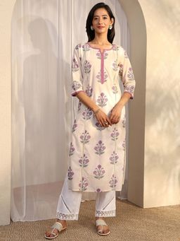 Libas - Off White Floral Printed Panelled Straight Kurta