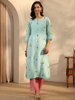 Libas - Blue Floral Motifs Embroidered Straight Kurta