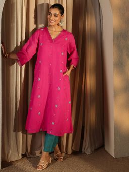 Libas - Pink Floral Motifs Embroidered A-Line Kurta