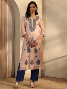 Libas - Beige Ethnic Motif Embroidered Straight Kurta