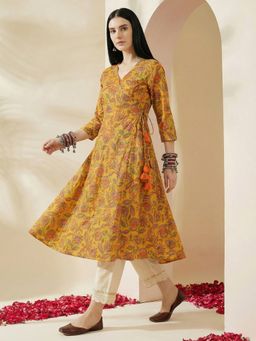 Globus - Women Yellow Allover Floral Printed Wrap V-Neck Angrakha A-Line Kurta