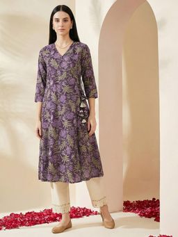 Globus - Women Purple Allover Floral Printed Wrap V-Neck Angrakha A-Line Kurta