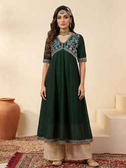 Globus - Women Green Sequinned Floral Embroidered Alia Cut A-Line Festive Kurta