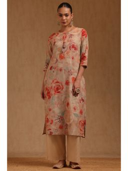 Soch - Womens Peach Linen Floral Kurta