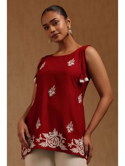 Soch - Womens Deep Red Rayon Floral Tunic with Pair Of Unstitched Sleeves