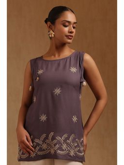 Soch - Womens Purple Rayon Floral Embroidered Tunic With Pair Of Unstitched Sleeves