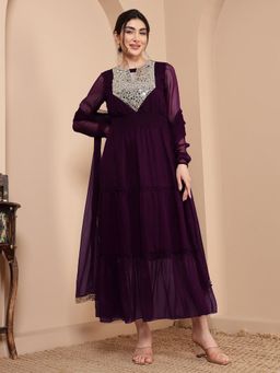 Deebaco - Tiered Mirror Work Chiffon Dress With Dupatta