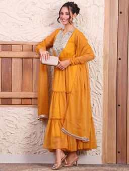 Deebaco - Embroidered Mustard Tiered Dress With Dupatta