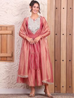 Deebaco - Indo Western Embroidered Peach Shimmer Tissue Tiered Dress With Dupatta