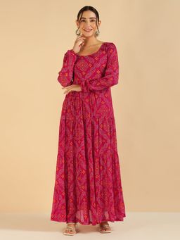 Deebaco - Magenta Bandhani Printed Women Ethnic Tiered Dress