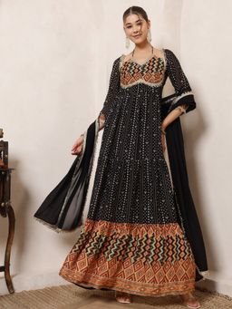Deebaco - Black Bandhani Printed Halter Neck Dress With Dupatta