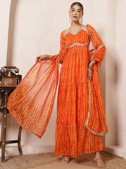 Deebaco - Orange Leaf Printed Halter Neck Dress With Dupatta
