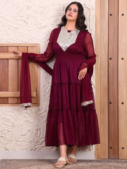Deebaco - Indo Western Mirror Embroidered Neck Dress With Dupatta