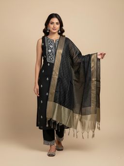 MUFFLY - Black Gold Woven Border Silk Dupatta