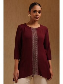 Soch - Womens Wine Rayon Crepe Embroidered Tunic