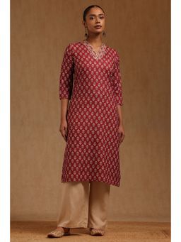 Soch - Womens Brick Red Cotton Blend Floral Kurta