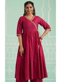 ARAMYA - Chanderi Gold Foil Print Angrakha Kurta