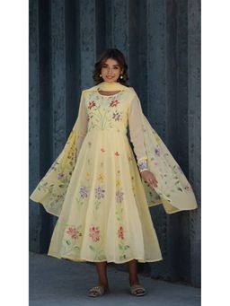 Gahan - Womens Yellow Floral Print Cotton Anarkali Kurta with Dupatta