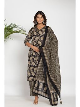Gahan - Womens Printed Cotton Black Kurta with Pant & Dupatta