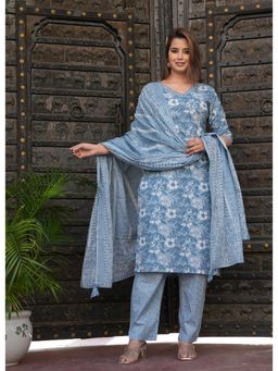 Gahan - Womens Floral Print Cotton Blue Kurta with Pant & Dupatta