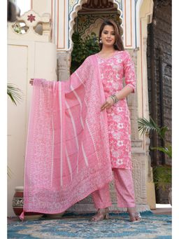 Gahan - Womens Floral Print Cotton Pink Kurta with Pant & Dupatta