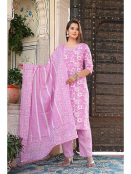 Gahan - Womens Floral Print Cotton Purple Kurta with Pant & Dupatta