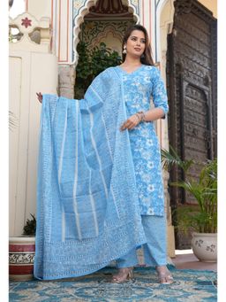 Gahan - Womens Floral Print Cotton Sky Blue Kurta with Pant & Dupatta