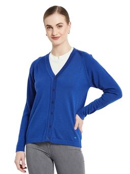Monte Carlo - Womens Pure Wool Blue Solid V Neck Cardigan
