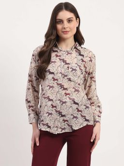 Global Republic - Beige Rayon Printed Spread Collar Shirt for Women