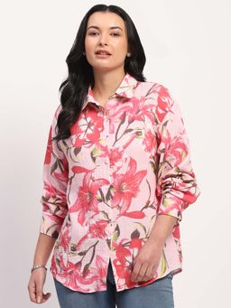 Global Republic - Pink Cotton Floral Print Spread Collar Shirt for Women