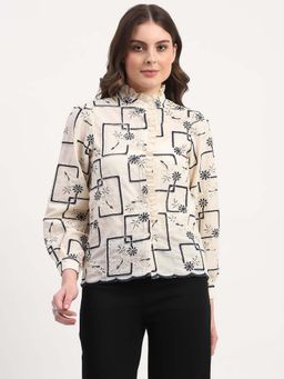 Global Republic - Cream Cotton Embroidered Mandarin Collar Shirt for Women