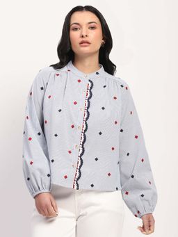 Global Republic - Blue Cotton Embroidered Mandarin Collar Shirt for Women