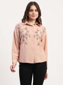 Global Republic - Peach Viscose Embellished Spread Collar Shirt for Women