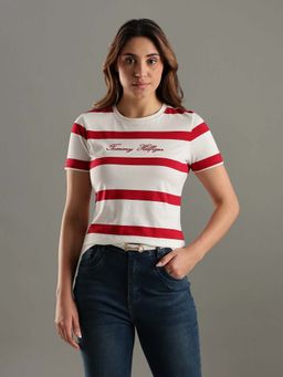 Tommy Hilfiger - White Logo Striped Regular Fit Cotton T-Shirt