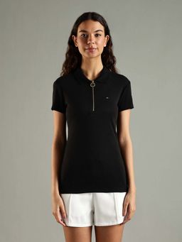 Tommy Hilfiger - Black Solid Regular Fit Cotton Polo T-Shirt