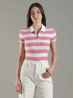 Tommy Hilfiger - Pink Striped Slim Fit Cotton Polo T-Shirt