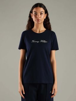 Tommy Hilfiger - Navy Blue Typographic Regular Fit Cotton T-Shirt