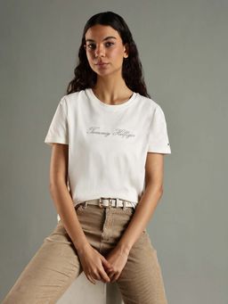 Tommy Hilfiger - White Typographic Regular Fit Cotton T-Shirt