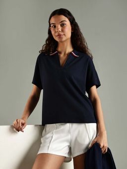 Tommy Hilfiger - Navy Blue Solid Relaxed Fit Lyocell Polo T-Shirt