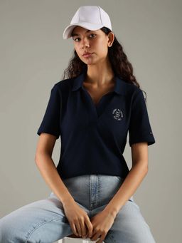 Tommy Hilfiger - Navy Blue Solid Regular Fit Cotton Polo T-Shirt