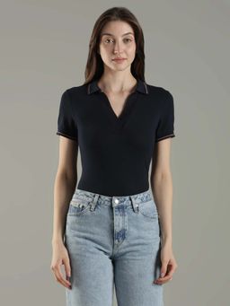 Tommy Hilfiger - Navy Blue Solid Slim Fit Cotton Polo T-Shirt