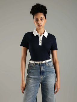 Tommy Hilfiger - Navy Blue Solid Slim Fit Cotton Polo T-Shirt