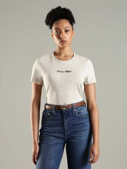 Tommy Hilfiger - Off White Typographic Regular Fit Cotton T-Shirt