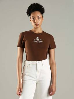 Tommy Hilfiger - Brown Typographic Slim Fit Cotton T-Shirt