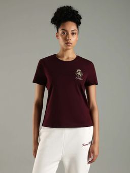 Tommy Hilfiger - Maroon Embroidered Logo Regular Fit Cotton T-Shirt